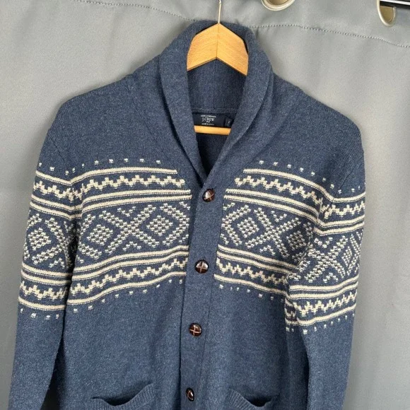 J.Crew Mens Blue Lambswool Fair Isle Shawl Collar Cardigan Sweater B3981 Small - Picture 2 of 9